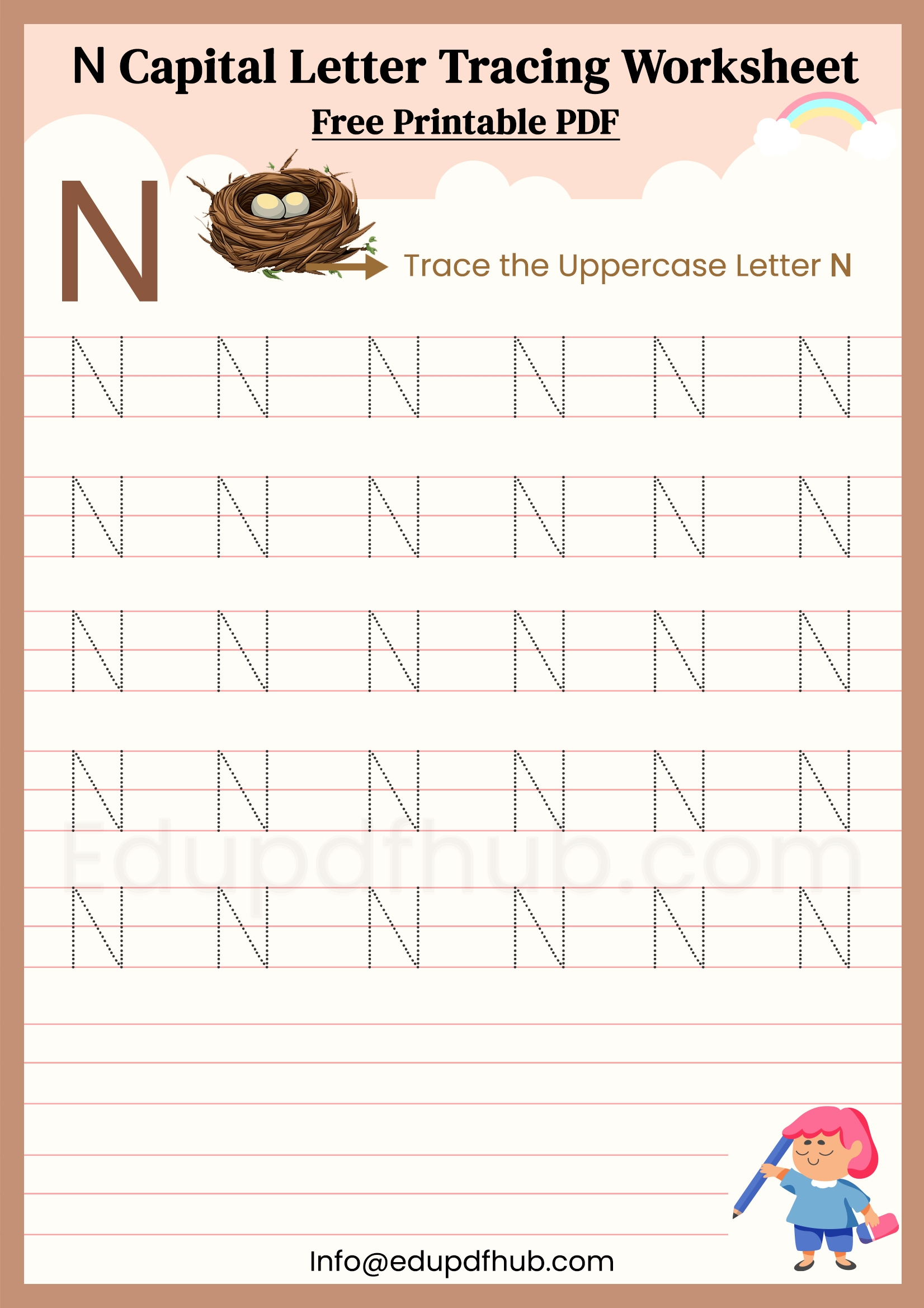 N Capital Letter Tracing Worksheet Printable PDF for Kids